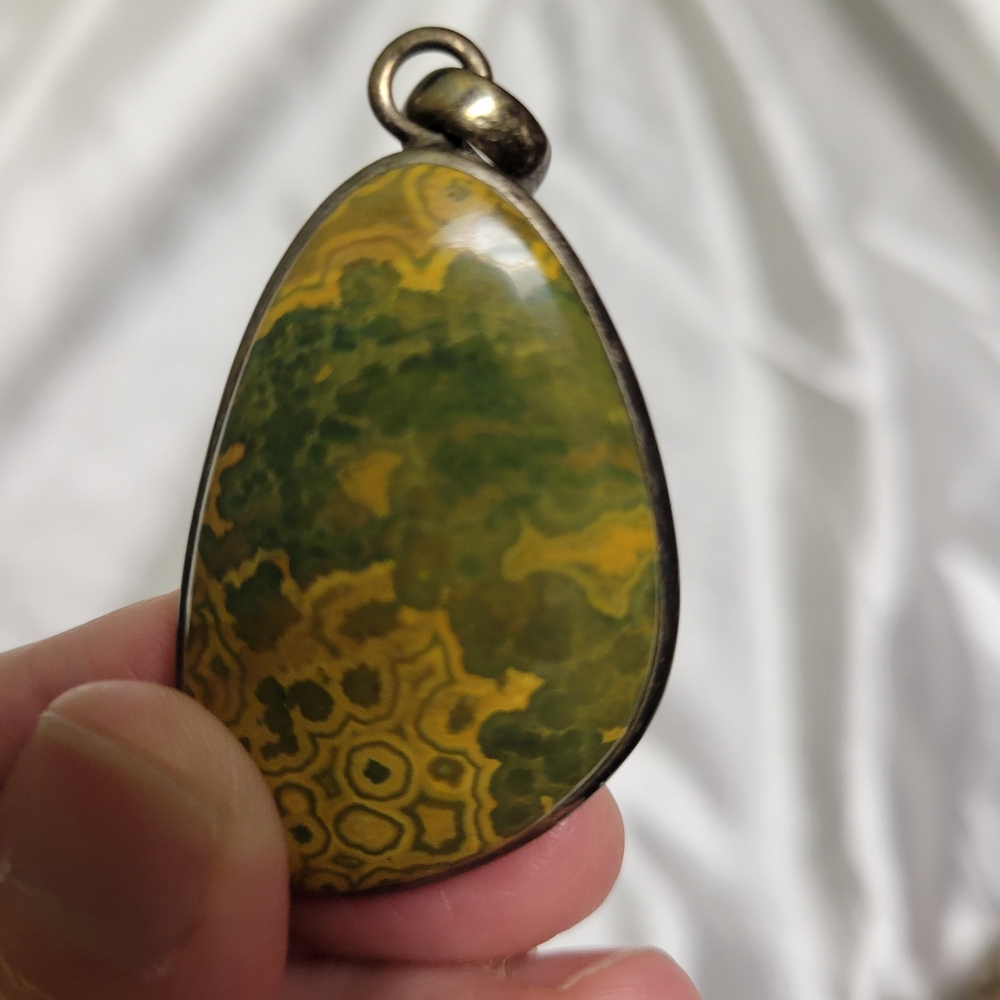 Green and Yellow Ocean Jasper Teardrop Pendant With Sterling Silver
